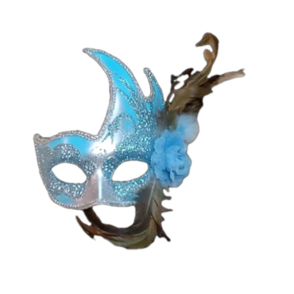 Fancy mask...blue silver & white blue rose & brown feathers
